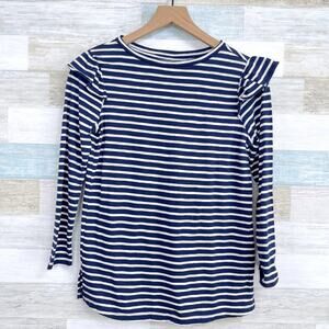 Old Navy Long Sleeve Ruffle Shoulder Top Blue White Stripe Cotton Womens XS